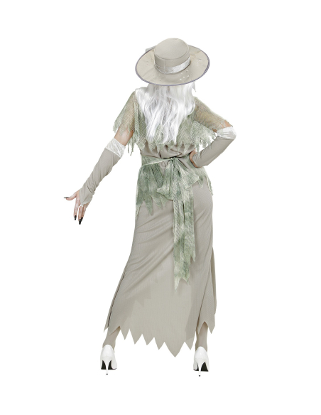Déguisement femme, lady spectre gris (robe, chapeau, voilette, ceinture, gants)