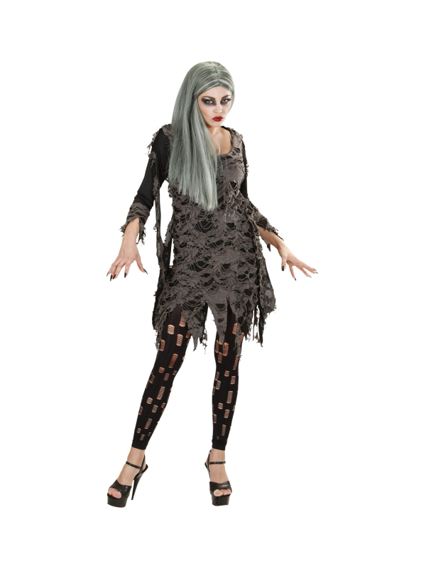Déguisement femme morte vivante gris (robe en lambeaux, leggings en lambeaux)