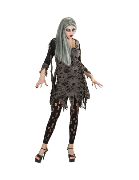 Déguisement femme morte vivante gris (robe en lambeaux, leggings en lambeaux)