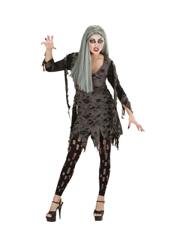 Déguisement femme morte vivante gris (robe en lambeaux, leggings en lambeaux)