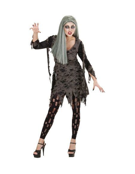 Déguisement femme morte vivante gris (robe en lambeaux, leggings en lambeaux)