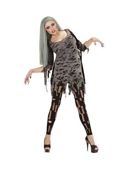 Déguisement femme morte vivante gris (robe en lambeaux, leggings en lambeaux)