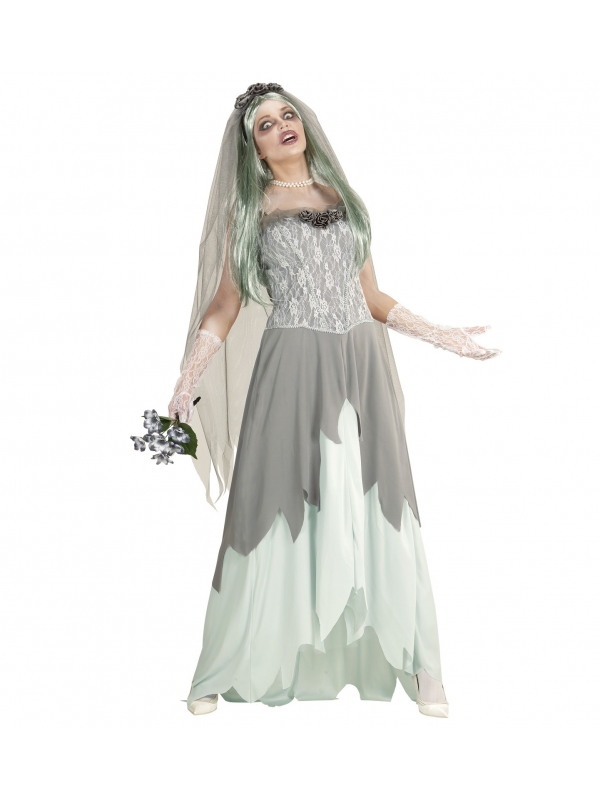 Déguisement mariée zombie (robe, voile fleuri, bouquet de fleurs)