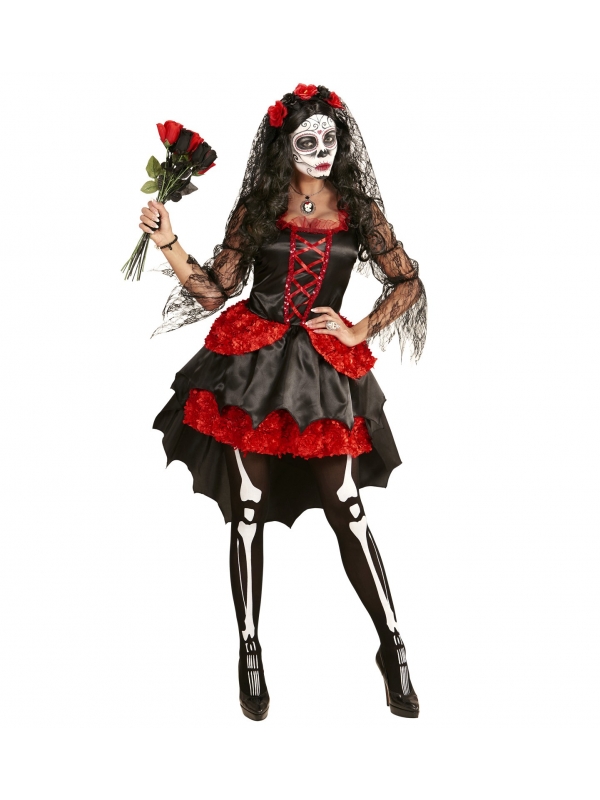 Déguisement fiancée jour des morts noir et rouge, femme (robe rouge et noire, voile fleuri)