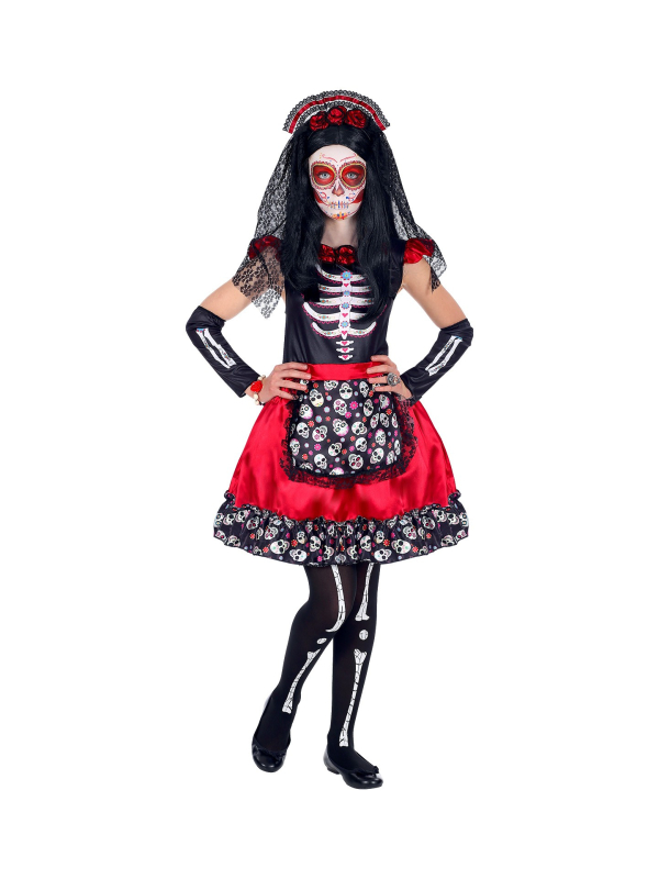 Déguisement Dia De Los Muertos fille rouge et noir (robe rouge et noire, chauffe-bras, serre-tête avec voile)