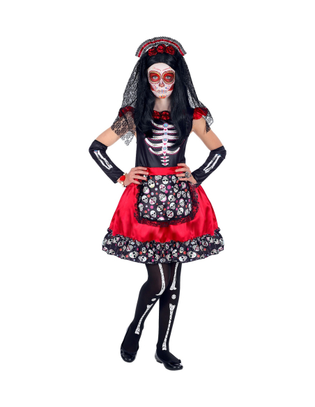 Déguisement Dia De Los Muertos fille rouge et noir (robe rouge et noire, chauffe-bras, serre-tête avec voile)