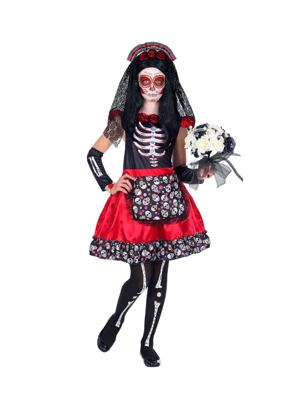 Déguisement Dia De Los Muertos fille rouge et noir (robe rouge et noire, chauffe-bras, serre-tête avec voile)