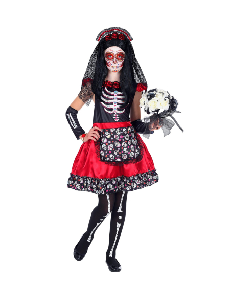 Déguisement Dia De Los Muertos fille rouge et noir (robe rouge et noire, chauffe-bras, serre-tête avec voile)