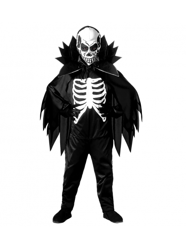 Déguisement squelette enfant noir et blanc (costume, cape avec collar, masque)
