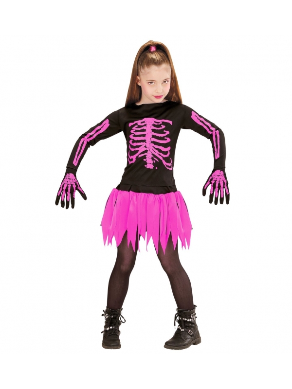 Déguisement Ballerine squelette rose et noir fille (haut, jupe, gants)