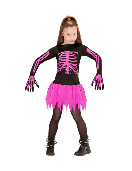 Déguisement Ballerine squelette rose et noir fille (haut, jupe, gants)