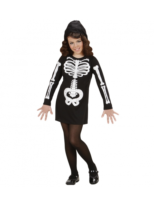 Déguisement de Squelette fille noir et blanc (robe avec capuche)