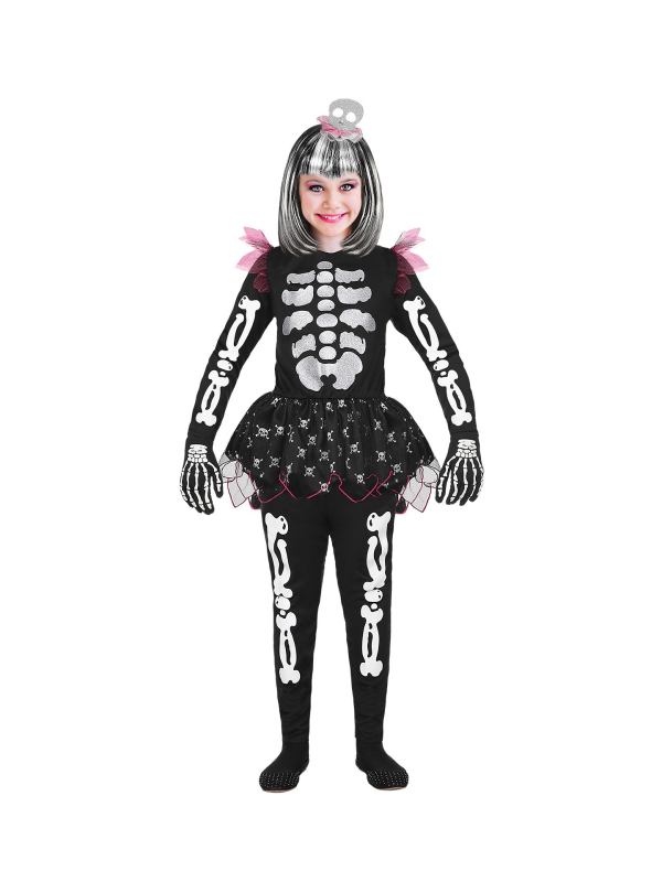 Déguisement Halloween fille, squelette noir et blanc (maillot avec tutu, pantalon, coiffe)