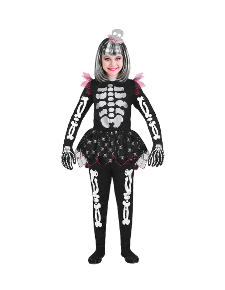 Déguisement Halloween fille, squelette noir et blanc (maillot avec tutu, pantalon, coiffe)