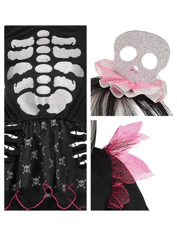 Déguisement Halloween fille, squelette noir et blanc (maillot avec tutu, pantalon, coiffe)