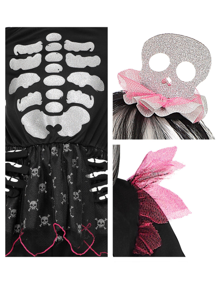 Déguisement Halloween fille, squelette noir et blanc (maillot avec tutu, pantalon, coiffe)