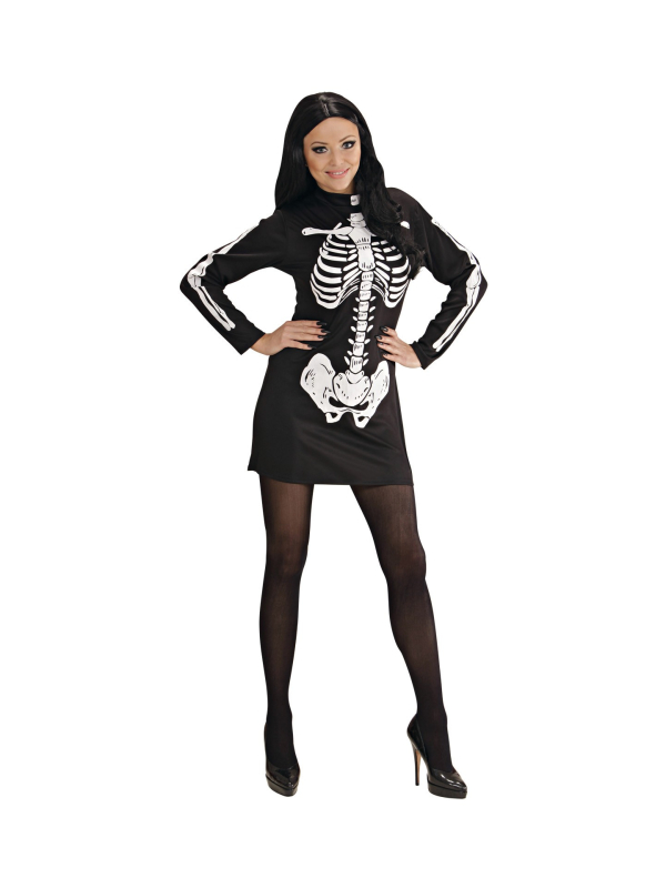 Déguisement femme squelette sexy noir (robe manches longues)