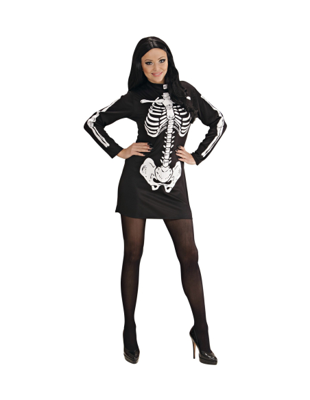 Déguisement femme squelette sexy noir (robe manches longues)