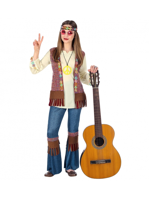 Déguisement Hippie fille (chemise avec veste, pantalon, bandeau, collier)