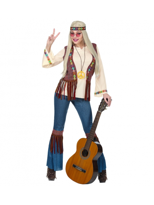 Déguisement hippie femme (chemise avec veste, pantalon, bandeau, collier)