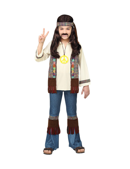 Déguisement hippie garçon (chemise avec veste, pantalon, bandeau, collier)