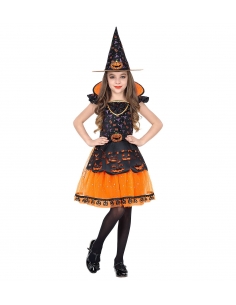 Déguisement Sorcière orange et noir, fille (robe orange et noire, motif citrouille et chapeau)