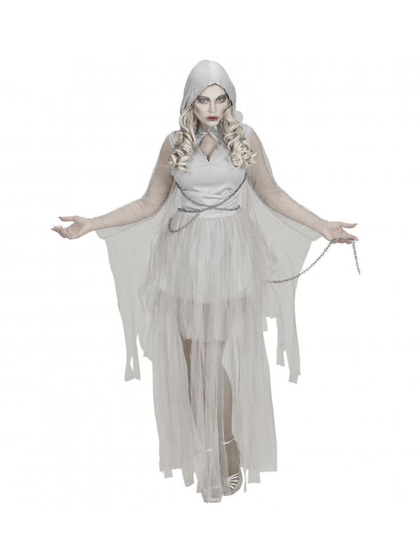 Déguisement femme fantôme enchainé, gris (robe à capuche, chaines)