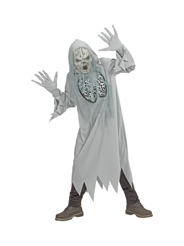 Déguisement fantôme gris, enfant (tunique à capuche, gants, masque)