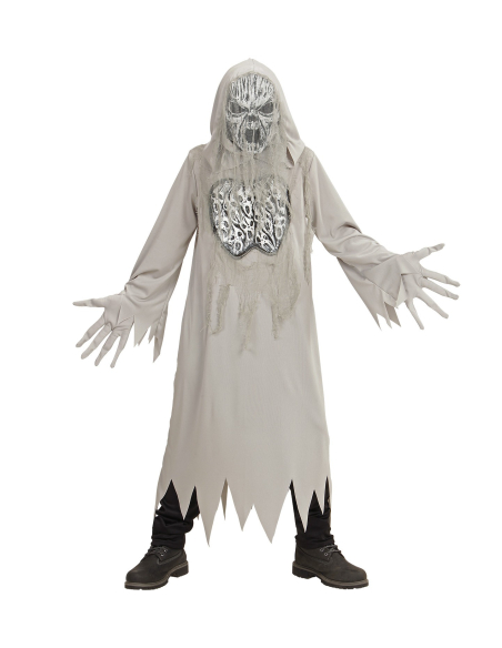 Déguisement fantôme gris, enfant (tunique à capuche, gants, masque)