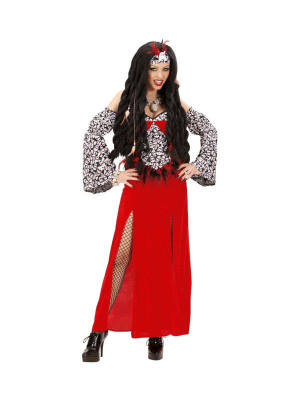 Déguisement prêtresse vaudou rouge (robe, manches, coiffe)