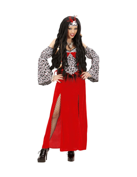Déguisement prêtresse vaudou rouge (robe, manches, coiffe)