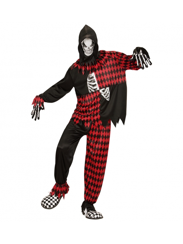Déguisement Méchant Joker Adulte  rouge et noir (manteau à capuche avec masque, pantalon)