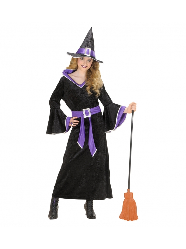 Déguisement Sorcière noir et violet fille (robe, ceinture, chapeau)