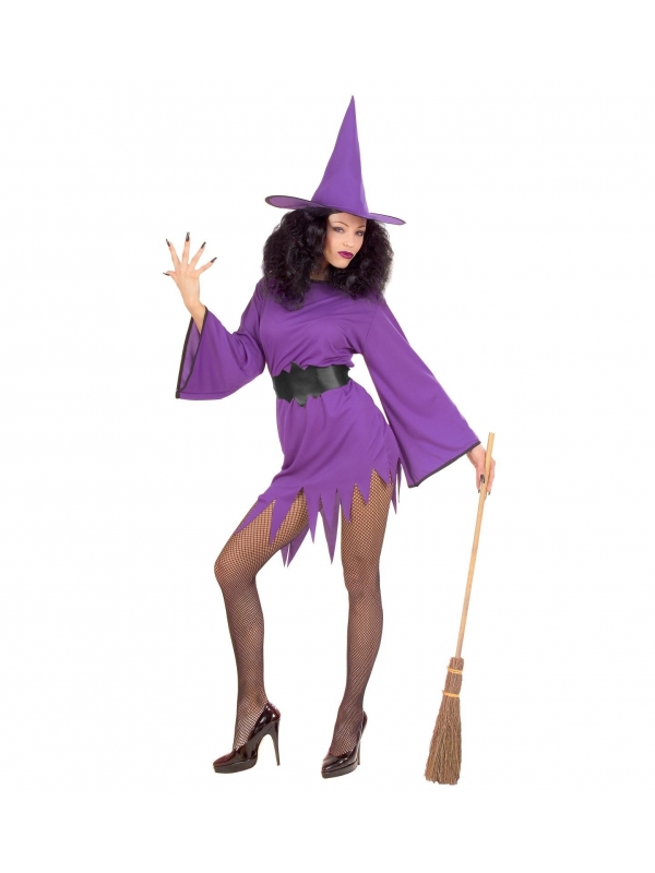 Déguisement sorcière sexy (robe courte violet, , ceinture, chapeau)