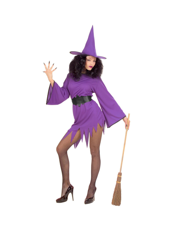 Déguisement sorcière sexy (robe courte violet, , ceinture, chapeau)