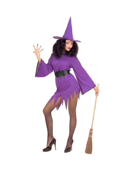 Déguisement sorcière sexy (robe courte violet, , ceinture, chapeau)