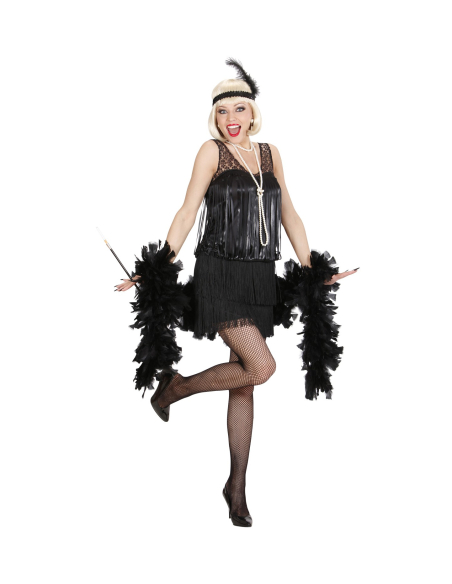 Déguisement années 20 femme noir (robe noire à franges, bandeau avec plume)