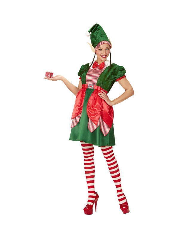 Déguisement Elfe femme, rouge et vert (robe, bonnet avec oreilles et nattes)