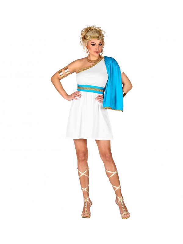 Déguisement déesse grecque femme blanc et bleu (robe avec drap épaule, ceinture, couronne de laurier)