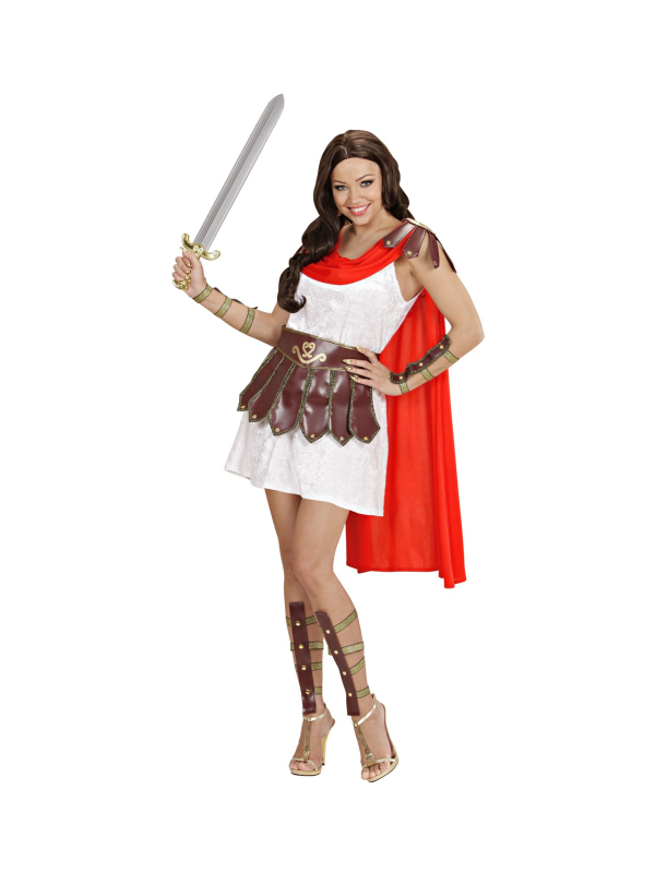 Déguisement femme guerrière (robe avec cape, ceinture, jambières, bracelets)