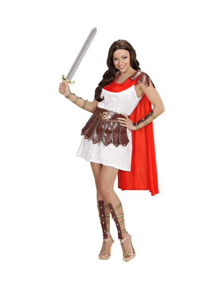 Déguisement femme guerrière (robe avec cape, ceinture, jambières, bracelets)