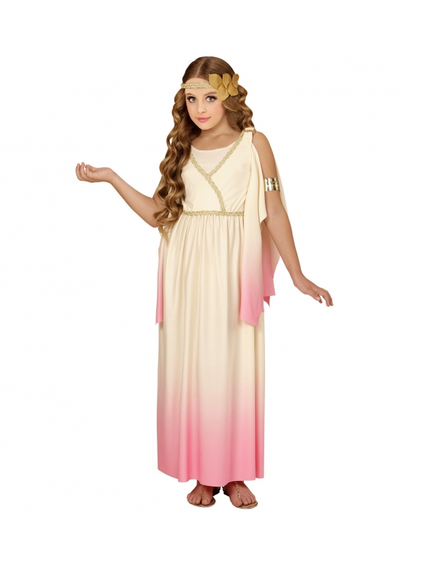 Déguisement Déesse Grecque fille beige et rose (robe, bandeau feuilles de laurier)