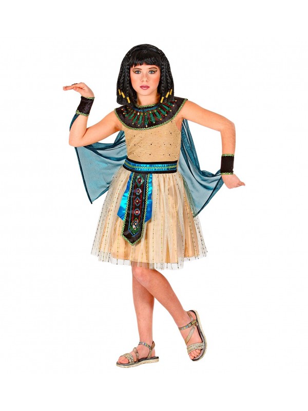 Déguisement Reine Egyptienne jaune et bleu, fille (robe avec poignets et cape)