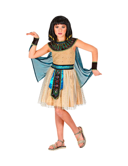 Déguisement Reine Egyptienne jaune et bleu, fille (robe avec poignets et cape)