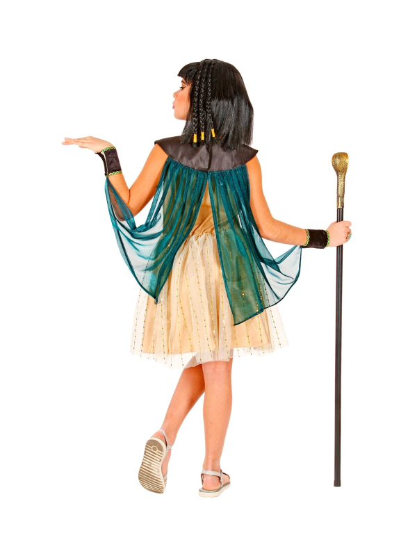 Déguisement Reine Egyptienne jaune et bleu, fille (robe avec poignets et cape)