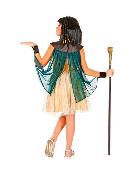 Déguisement Reine Egyptienne jaune et bleu, fille (robe avec poignets et cape)