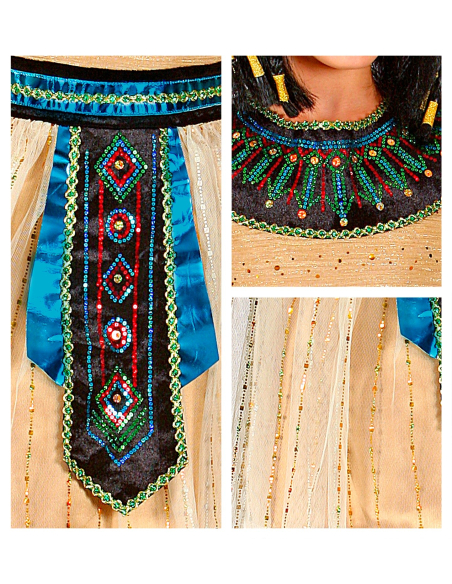 Déguisement Reine Egyptienne jaune et bleu, fille (robe avec poignets et cape)