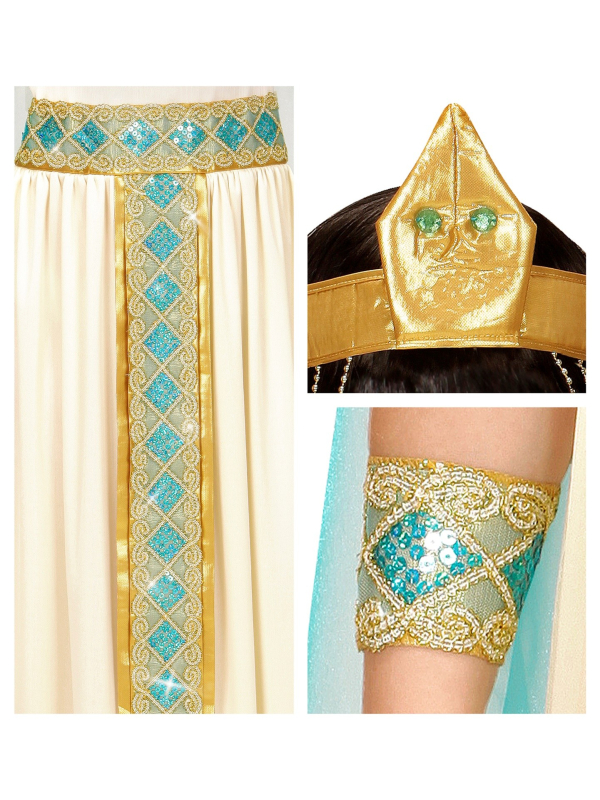 Déguisement Cléopâtre Femme (robe avec ceinture, col, manchettes, coiffe, cape)
