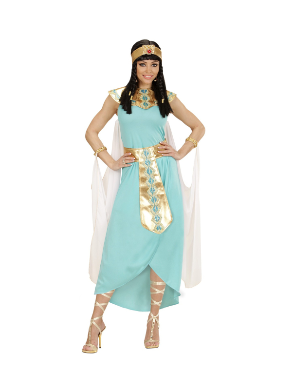 Déguisement Reine Egyptienne bleu Femme (robe, ceinture, col, manchettes, coiffe, cape)