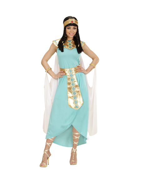 Déguisement Reine Egyptienne bleu Femme (robe, ceinture, col, manchettes, coiffe, cape)